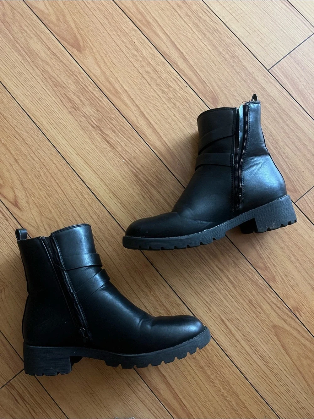 Elditas Stella Black Rhinestone Buckle Moto Ankle Boots Lug Sole Womens